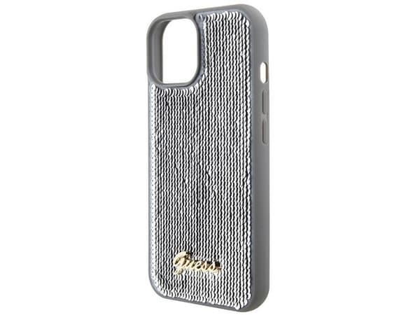 Guess Sequin Script metalldeksel til iPhone 15 - sølv
