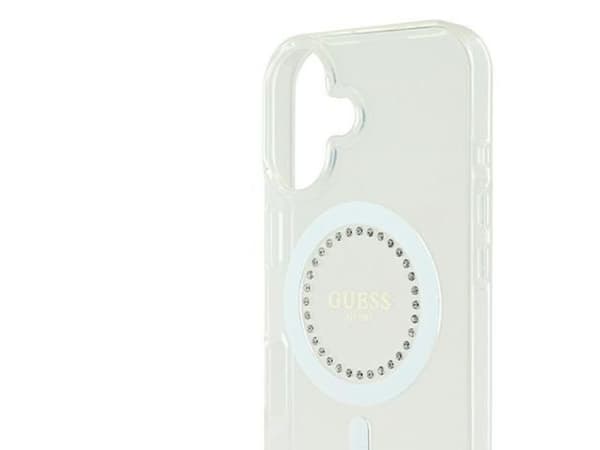 Guess IML rhinestones MagSafe-deksel til iPhone 16 Plus - hvit