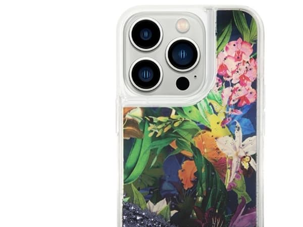 Guess Flower Liquid Glitter mobildeksel til iPhone 14 Pro Max - blå