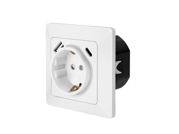 Vägguttag, 1x CEE 7/3, 1x USB-A, 1x USB-C PD
