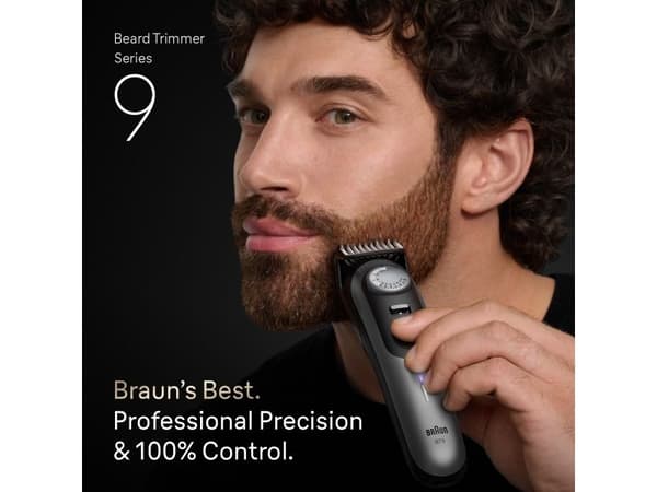 Braun BeardTrimmer 9 BT9560, Vaskbar, Batteri, Sort, Sølv