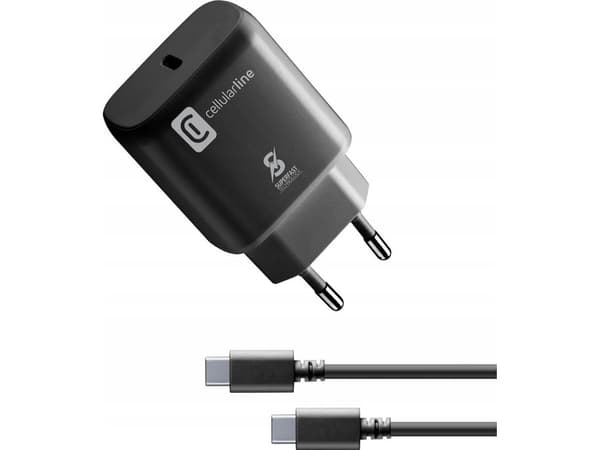 Cellularline - Strömadapter - 25 Watt - AFC, SFC, PD (USB-C) - på kabel: USB-C - svart