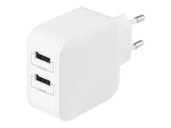 DELTACO - Strömadapter - 24 Watt - 4.8 A - 2 utdatakontakter (USB) - vit