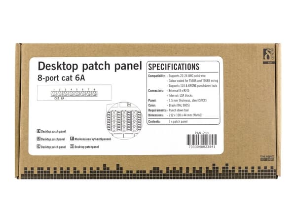 DELTACO PAN-211 - Patch-panel - väggmontering - CAT 6a - RJ-45 X 8 - svart