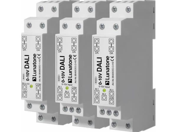 DALI konverteringsmodul som konverterer 0-10V signaler om til DALI broadcast kommandoer.