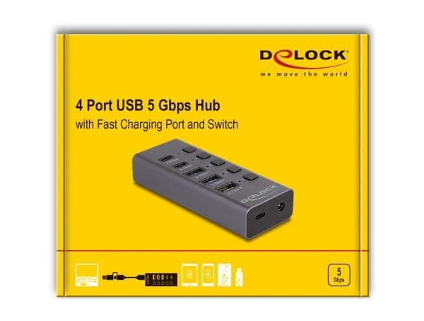 Delock - Hub - 5 Gbps, 1 fast charging port, + switch - 3 x USB + 2 x USB-C - stasjonær