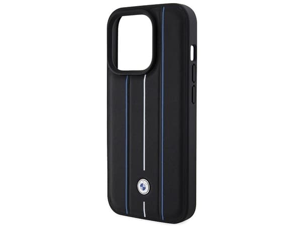 BMW Leather Stamp Blue Line-deksel til iPhone 15 Pro Max - svart
