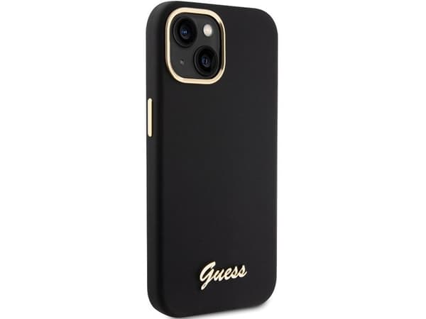 Guess silikon script metalloggo & ramme-deksel til iPhone 15 - svart