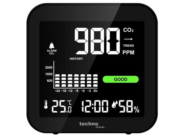 Technoline WL1025, Sort, Karbondioksid (CO2), Inne Termometer, Utendørs Barometer, Termometer, Termometer, 1 - 99%, -9,9 - 50 °C