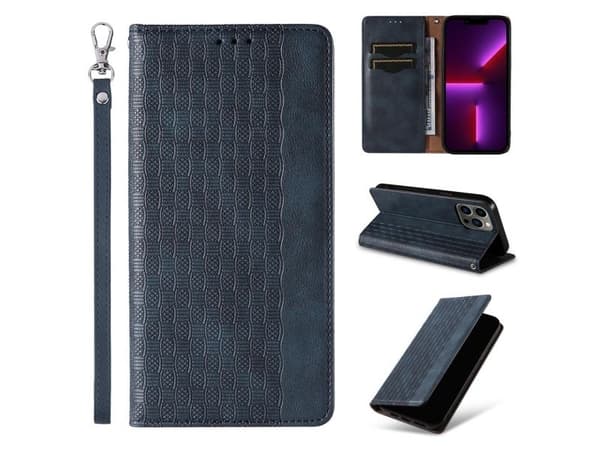 Magnetstropp-deksel for iPhone 14 Flip Wallet Mini - lanyard/stativ - blå
