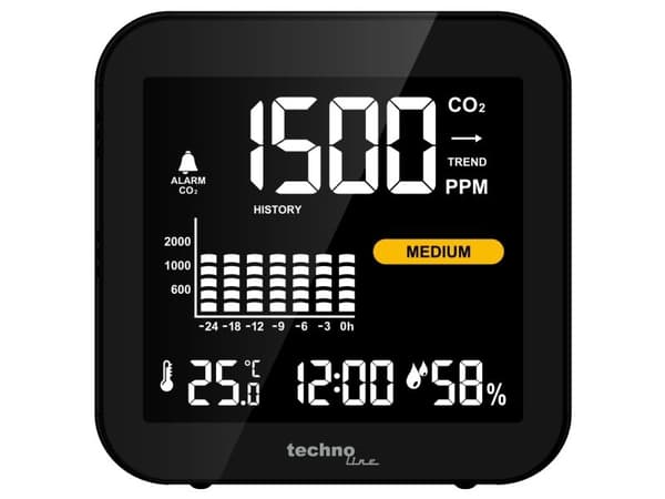 Technoline WL1025, Svart, Koldioxid (CO2), Inomhustermometer, Utomhustermometer, Termometer, Termometer, 1 - 99%, -9,9 - 50 ° C
