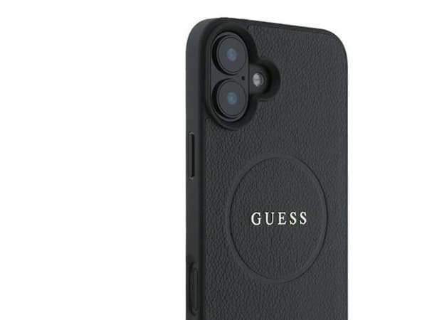 Guess Grained Gold ring MagSafe-etuiet til iPhone 16 Plus - svart