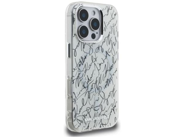 Kotelo Karl Lagerfeld IML Karl Script Pattern MagSafe Apple iPhone 16 Pro valkoinen