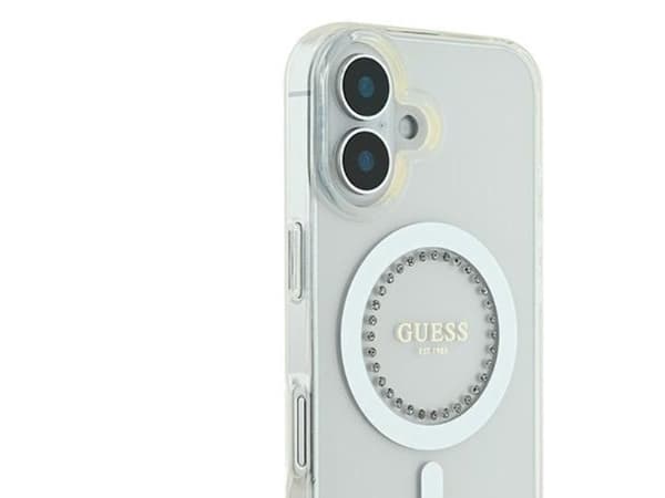 Guess IML rhinestones MagSafe-deksel til iPhone 16 Plus - hvit