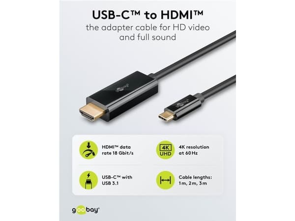 Goobay 75698, 3 m, USB Type-C, HDMI, Hankjønn, Hankjønn, Rett