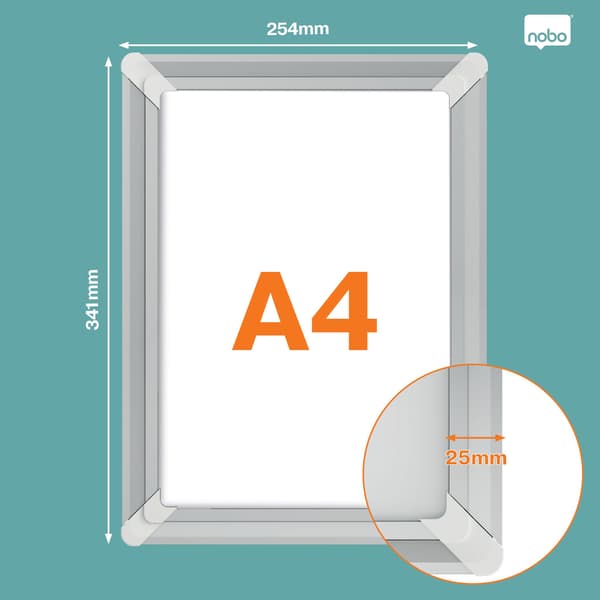 Nobo Premium Plus A4 Affischram, Enbildsram, Polypropylen (PP), Aluminium, Silver, Vägg, Rektangulär, Liggande / Stående
