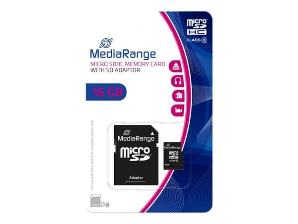 MediaRange - Flashminnekort (microSDHC til SD-adapter inkludert) - 16 GB - Class 10 - microSDHC - svart