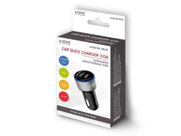 SAVIO SA-06/B - Strömadapter för bil - 3 A - QC 3.0 - 2 utdatakontakter (USB) - svart