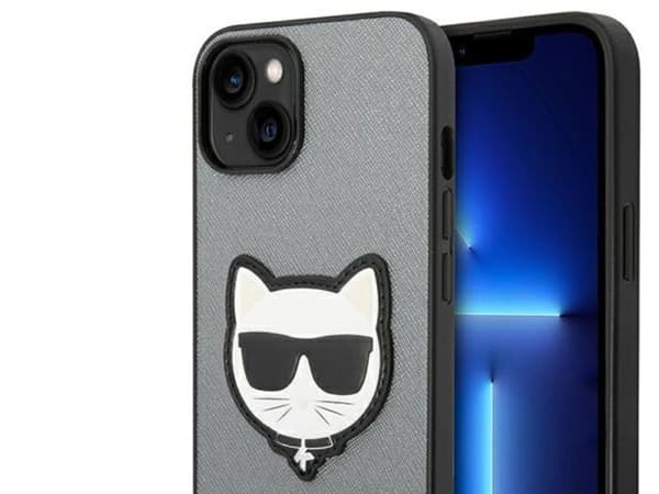 Karl Lagerfeld Saffiano Choupette Head patch-skal till iPhone 14 Plus - silver