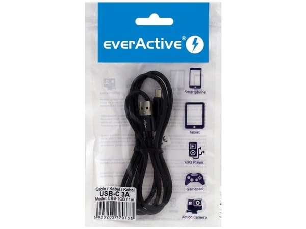 everActive USB-C-kaapeli 1m - musta, punottu, pikalataustuki, 3A - CBB-1CB