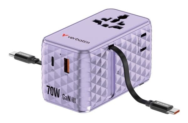 Verbatim reseadapter EU/UK/US GaN 1xUSB-C/1xUSB-A/2xUSB-C PD 70W lila 30188