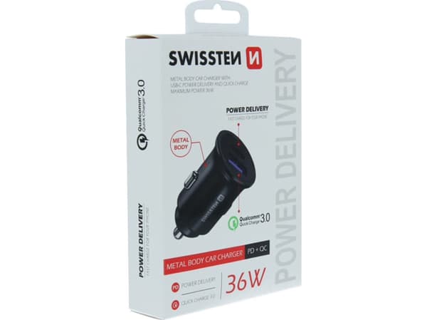 Swissten billader 36W, 2 porter USB-C, USB-A