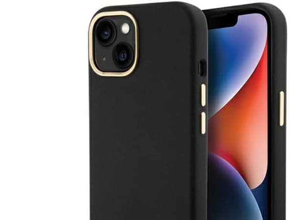 Guess silikon script metalloggo & ramme-deksel til iPhone 15 - svart