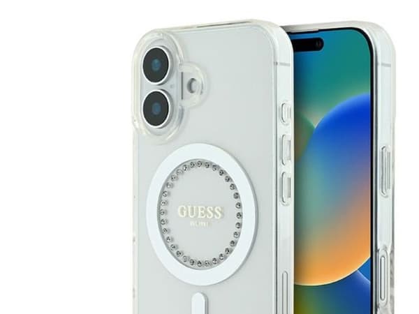Guess IML rhinestones MagSafe-deksel til iPhone 16 Plus - hvit