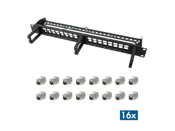 LogiLink Modular 16-port Cat.6A keystone panel, with 3 cable rings, 19" rackmount
