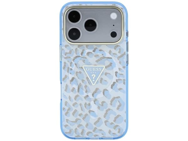 Guess IML Leopard Glitter Triangle Logo MagSafe Case for iPhone 17 Pro Max / 18 Pro Max - Blue