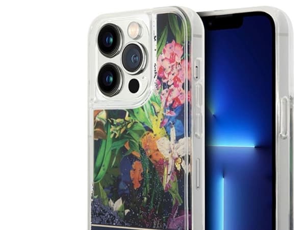 Guess Flower Liquid Glitter mobildeksel til iPhone 14 Pro Max - blå