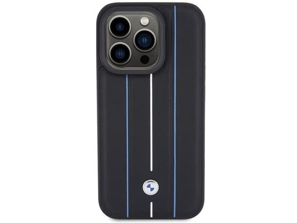 BMW Leather Stamp Blue Line-deksel til iPhone 15 Pro Max - svart