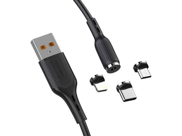 Denmen USB-A - USB-C + microUSB + Lightning kaapeli 1 m musta (29367)