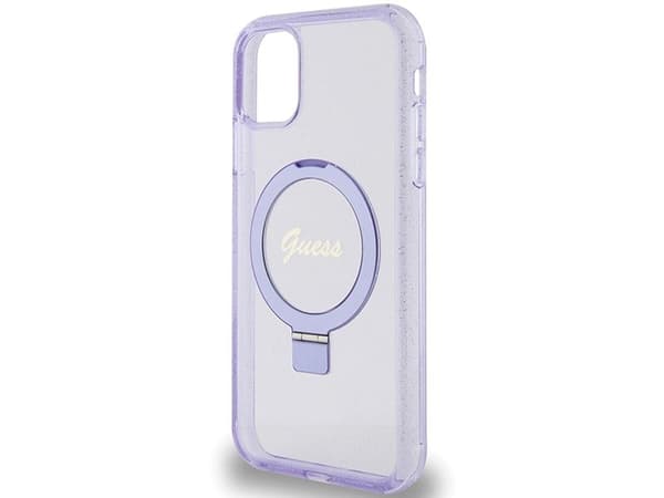 Guess Ring Stand Script Glitter MagSafe-skal för iPhone 11 / Xr - lila