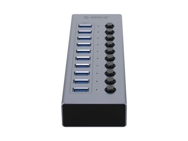 10-portars USB-A 3.0 HUB med switch - grå