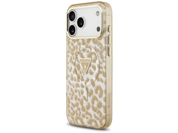 Guess IML Leopard Glitter Triangle Logo MagSafe Case for iPhone 17 Pro Max / 18 Pro Max - Brown