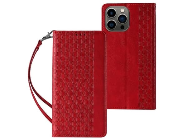 Magnet Strap Case iPhone 14 Pro flip cover wallet mini lanyard stand red
