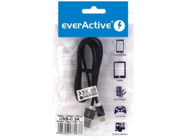 everActive USB-C-kaapeli 1m - musta, silikoni, pikalataustuki, 3A - CBS-1CB