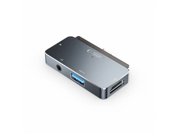 HUB Tech-Protect V6 4-i-1 USB-C - USB-A 3.0 / USB-C PD100W / HDMI / mini-jack 3,5 mm - grå