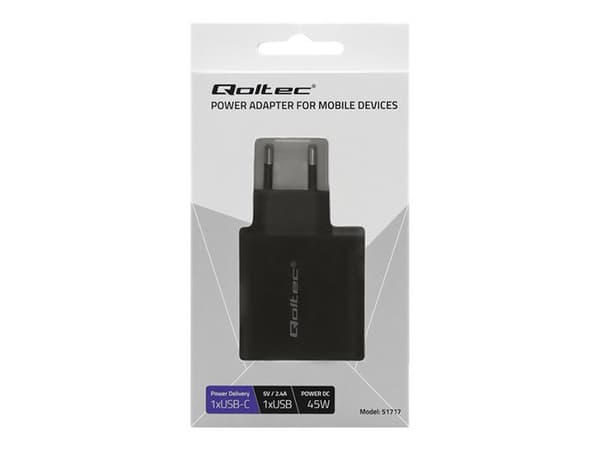 Qoltec - Strömadapter - 45 Watt - 3 A - PD - 2 utdatakontakter (USB, USB-C) - svart