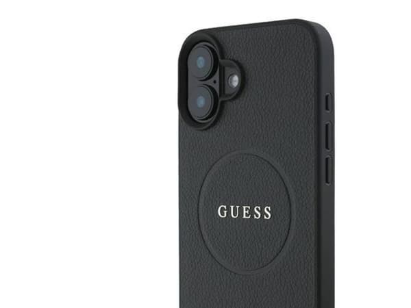 Guess Grained Gold ring MagSafe-etuiet til iPhone 16 Plus - svart