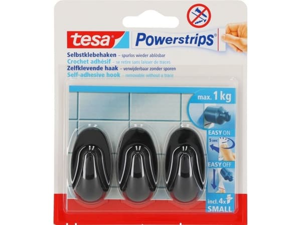 TESA Powerstrips, Sisätila, Yleiskoukku, musta, Polystyreeni (PS), Liimateippi, 1 kg