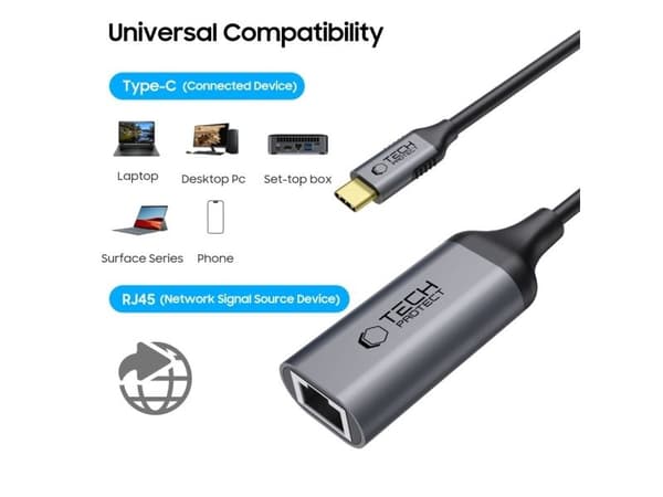 USB-adapter Tech-Protect USB-C til RJ45 Svart
