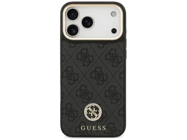 Etui Guess 4G strass-logo & big strap metallknapper MagSafe til iPhone 17 Pro Max, sort