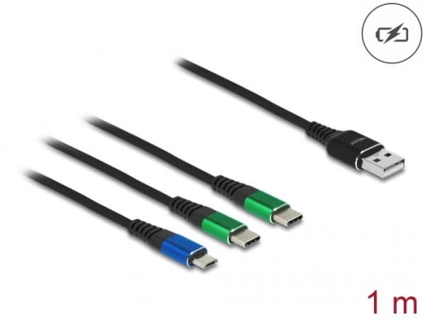 DeLOCK 87882, 1 m, USB A, 2 x USB C/Micro-USB B, USB 2.0, Musta, Sininen, Vihreä