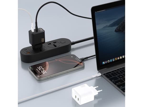 Dudao A28PCEU Adapter 45Watt 2xUSB-C (1m USB-C to USB-C cable included) Sort