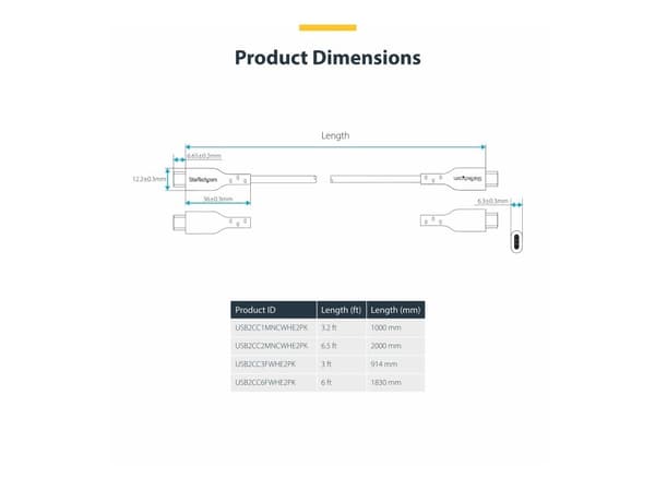 StarTech.com USB2CC2MNCWHE2PK, 2 m, USB C, USB C, USB 2.0, 0,48 Gbit/s, valkoinen
