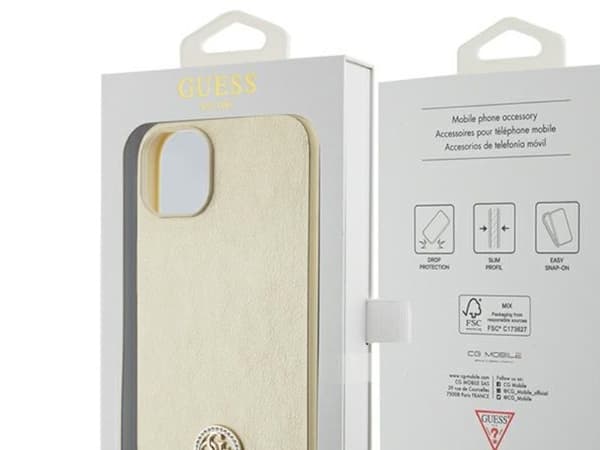 Guess läderfodral 4G metallogotyp med strass för iPhone 15 - guld