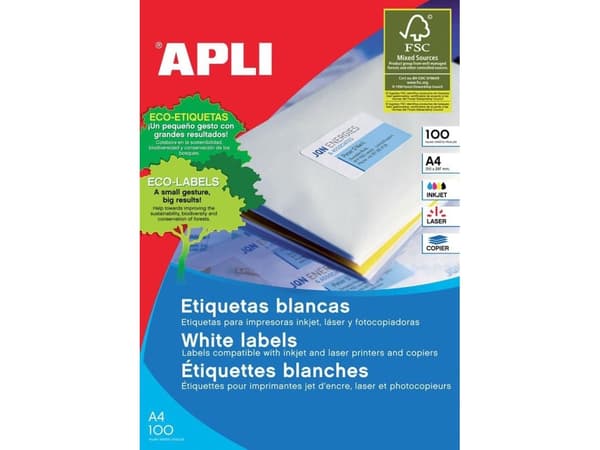 Apli universaletiketter, 210x148 mm, rektangulära, vita, 100 ark