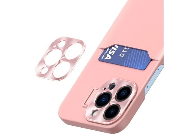 Lær stativ-deksel til iPhone 14 Plus - kortholder med stativ - rosa